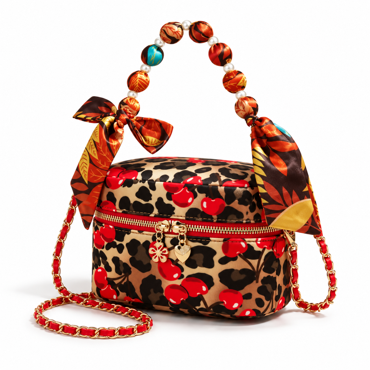 Cherry Leopard Print Beaded Crossbody Bag