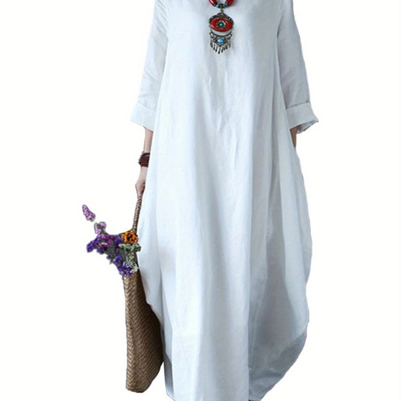 Women'S Elegant Long Dress Caftan Gown - Flowy A-Line Maxi Dress, Soft Everyday & Formal Outfit for Women, All-Season Casual to Formal Events, Versatile Clothing, Round Neckline, Comfortable Wear, Event Attire, Simple Design,