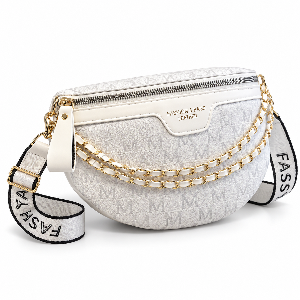 White Monogram Crossbody Bag With Chains