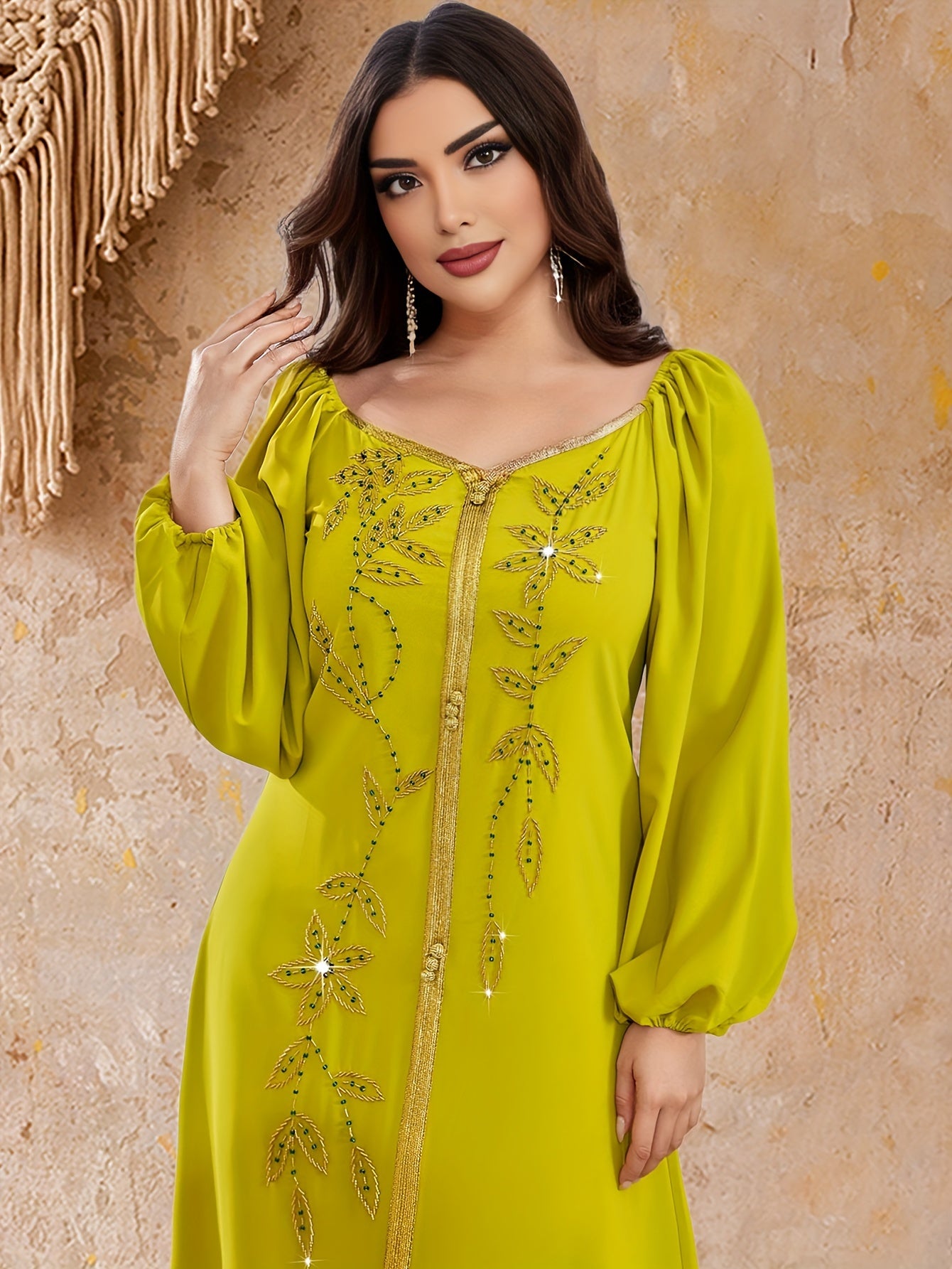Elegant Long Sleeve Polyester Dress with Lantern Sleeves, Solid Color, Tie Back, and Belted Waist Palestinian Abaya