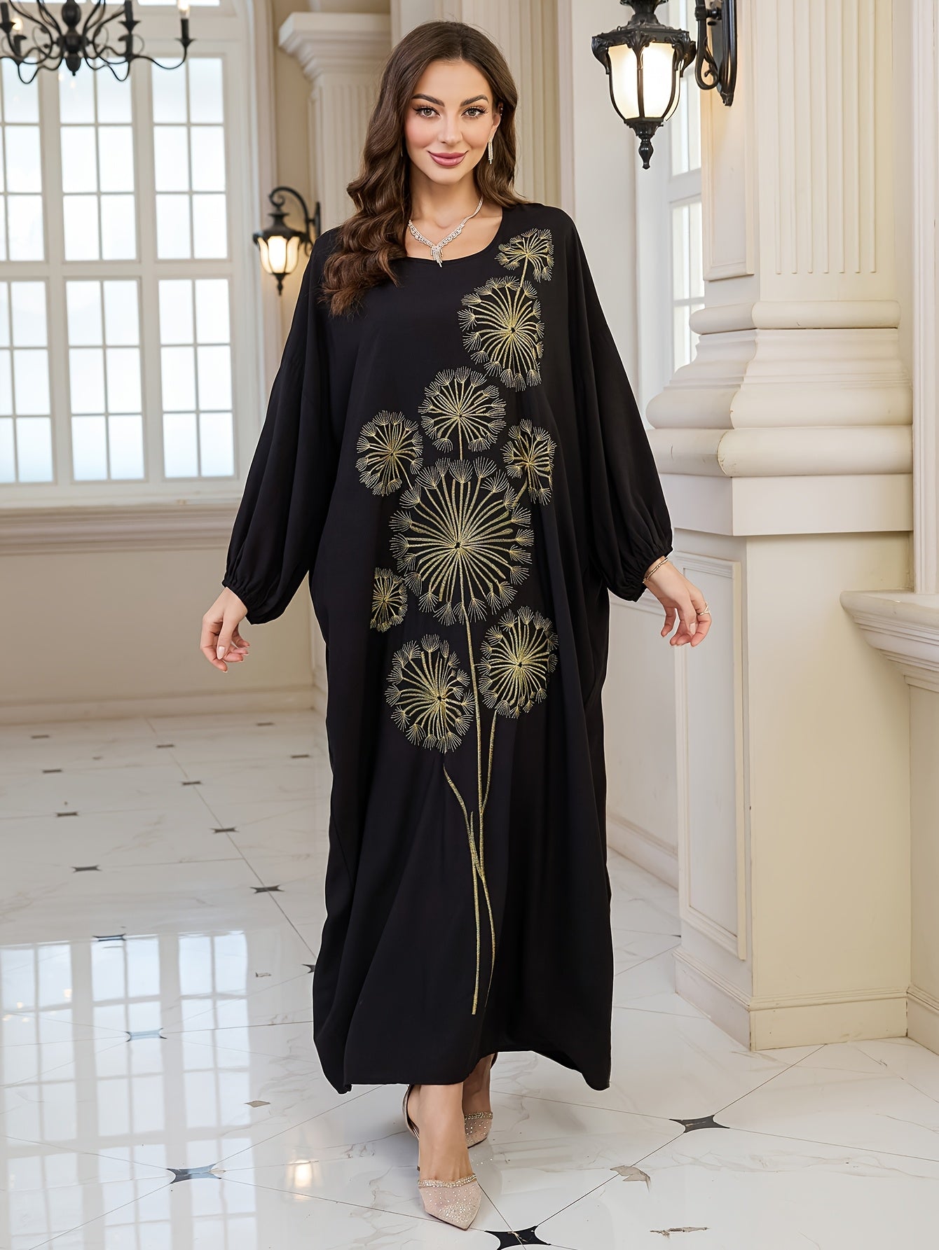 Plus Size, Women's Elegant Dandelion Embroidered Beach Cover-Up Robe Dress - Long Sleeve Loose Fit, Plus Size Black with Golden Floral Print, Lantern Sleeves & Long Length for Vacation, Poolside, Casual Outings, Beach Dress