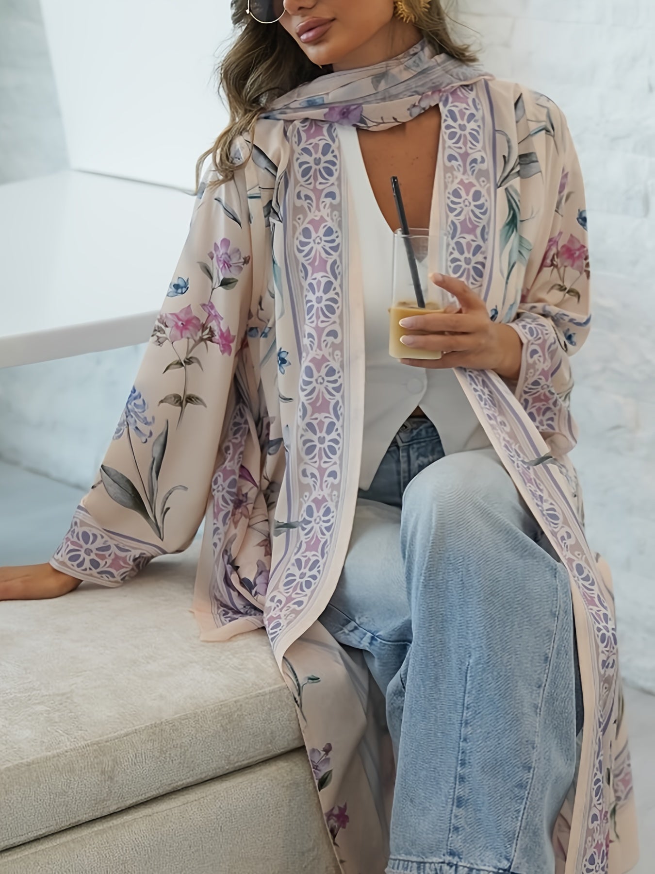 Floral Print V-Neck Abaya Robe with Long Sleeves - Lightweight Loose Fit Long Dress and Headscarf Set for Women, Spring/Summer Collection, Versatile Fashionable Long Robe, Headscarf 2pcs