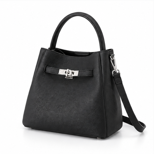 Elegant Black Structured Leather Bucket Handbag