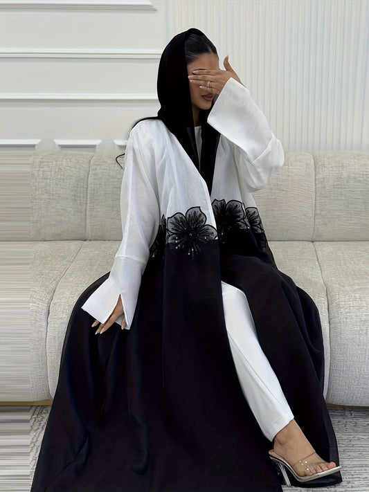 Elegant Modest Muslim Women's Abaya Robe with 3D Beaded Appliqués - Chic Open Front, Long Sleeve, High-Quality Fabric, Dark Blue & White Color Block, Loose Fit for All Seasons, Muslim Dress