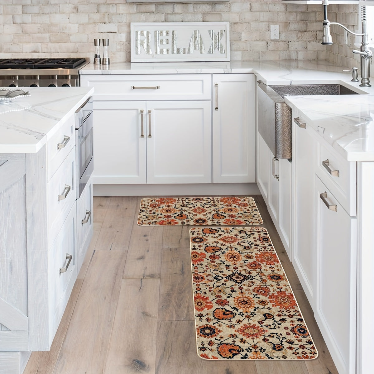 Sm:)e Flowers Bohemia Kitchen Mats Set Of 2, Daily Boho Home Decor Low-Profile Kitchen Rugs for Floor - 17x29 And 17x47 Inch