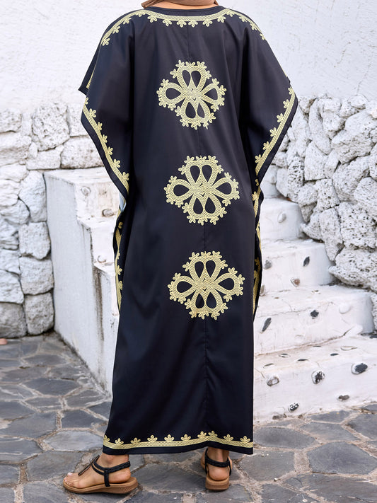 Women's Ramadan Dress - Batwing Sleeve V-Neck Loose Long Arab Kaftan Gown