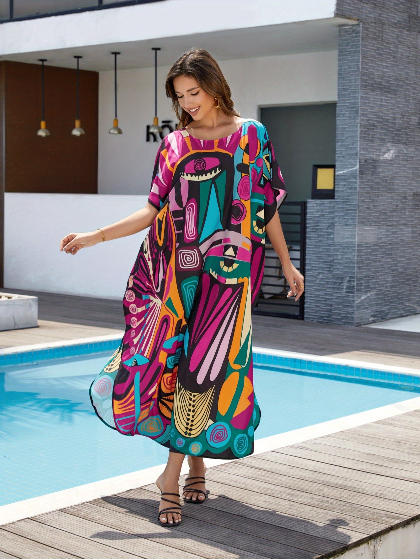Women'S Plus Size Round Neck Short Sleeve Kaftan Dress Swimwear Tunic for Poolside & Tropical Vacation, Loose Fit Boho