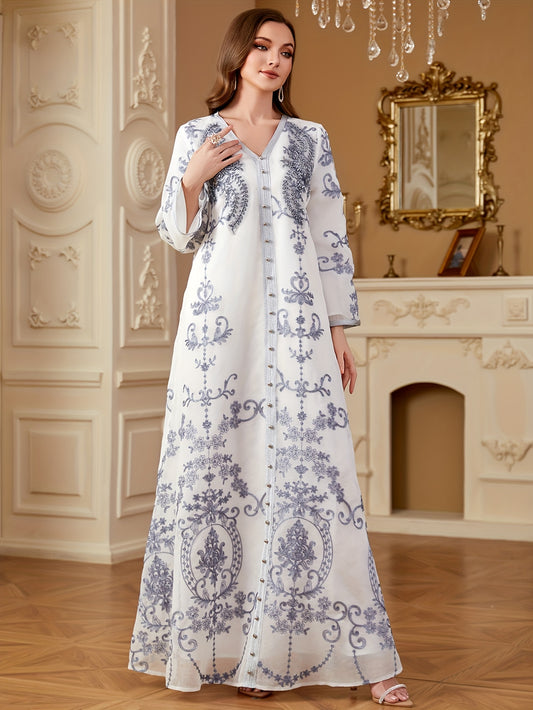 Elegant White V-Neck Long Sleeve A-Line Modern Abaya with Floral Embroidery & Sequin Details - Machine Washable All-Season Formal & Casual Wear, Long Sleeve Dresses, Special Occasion