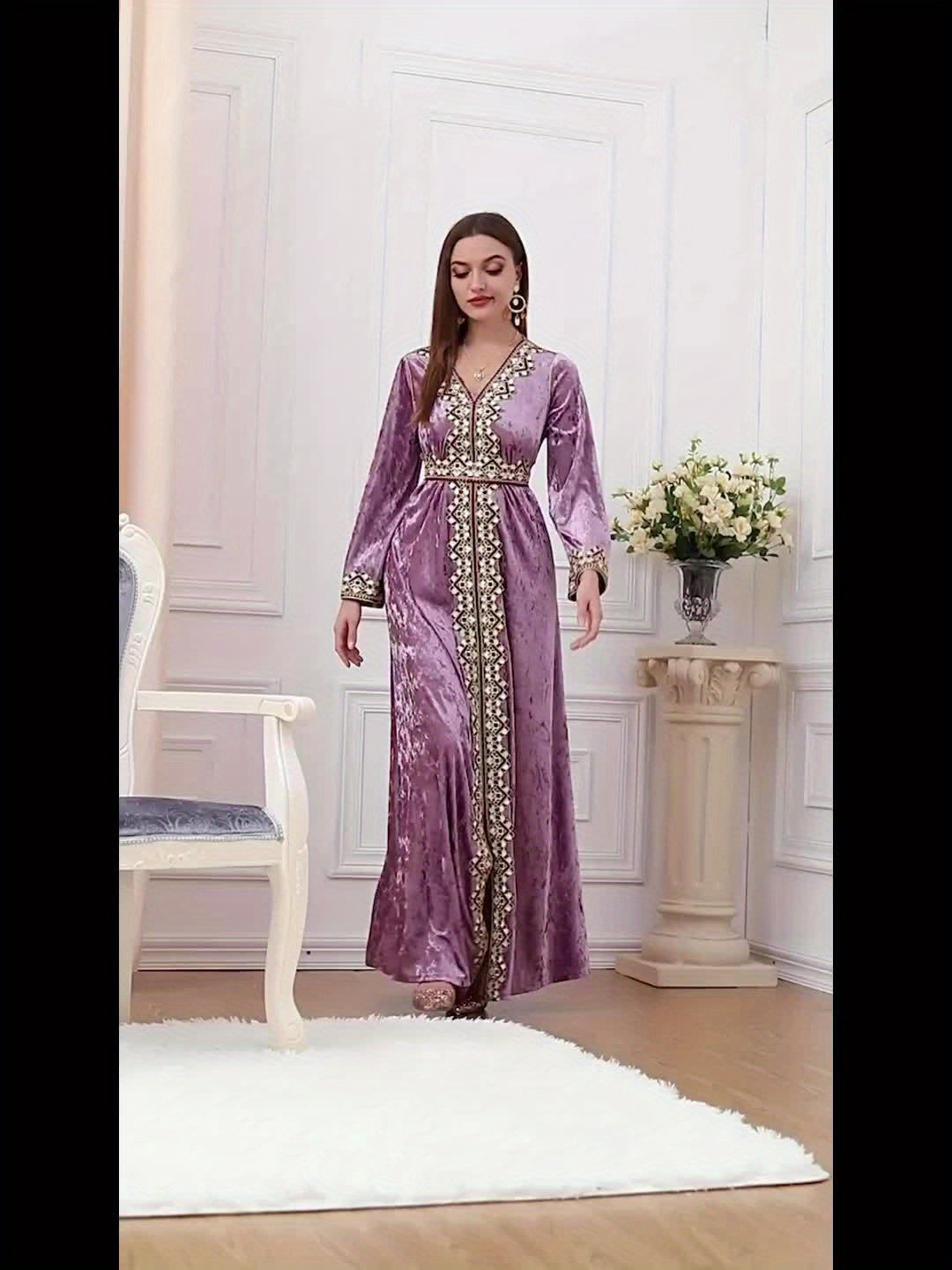 Women's Muslim Velvet Embroidered Abaya with Long Sleeves, V-Neck Moroccan Party Kaftan, Turkish Arabic Maxi Dress.