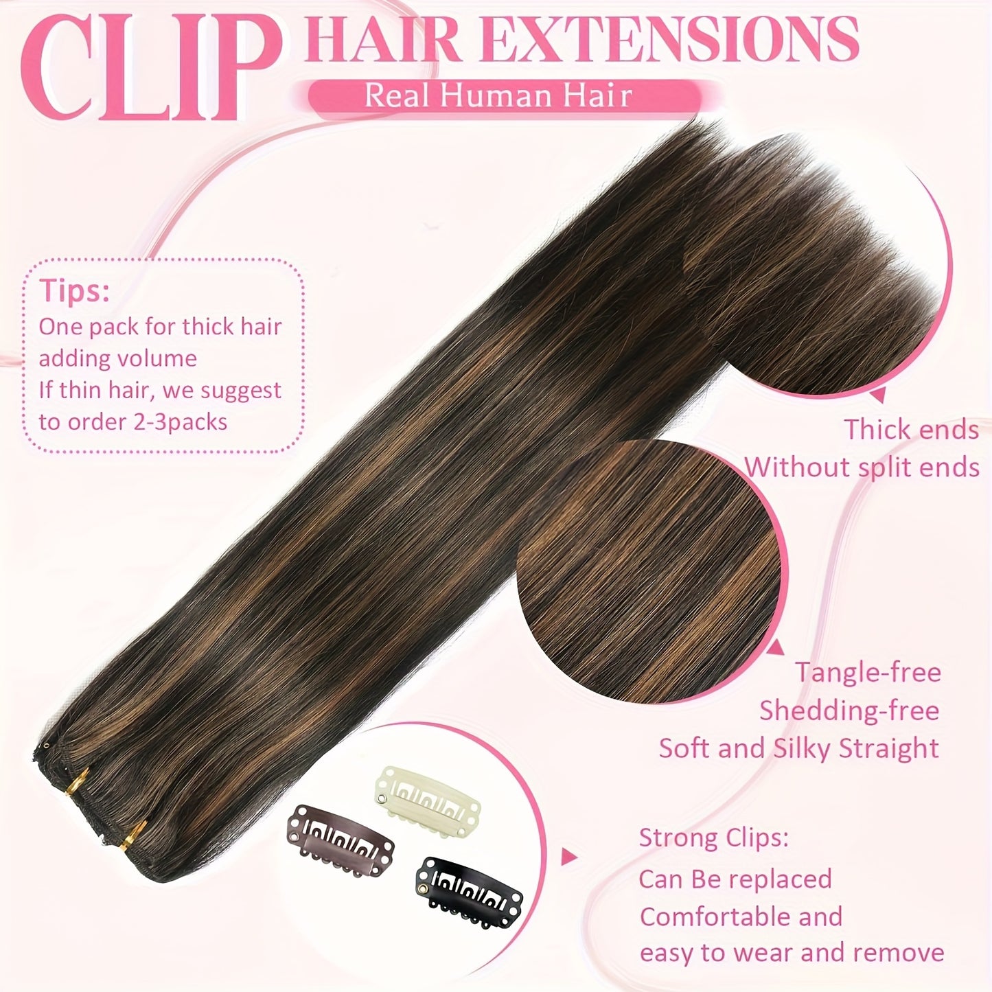 Real Human Hair Clip-In Extensions, Seamless Design for Women, Made from Remy Hair, Featuring Double Wefts with 8pcs Available in Lengths from 14 to 24 Inches, Transitioning from Natural Black to Chestnut Brown