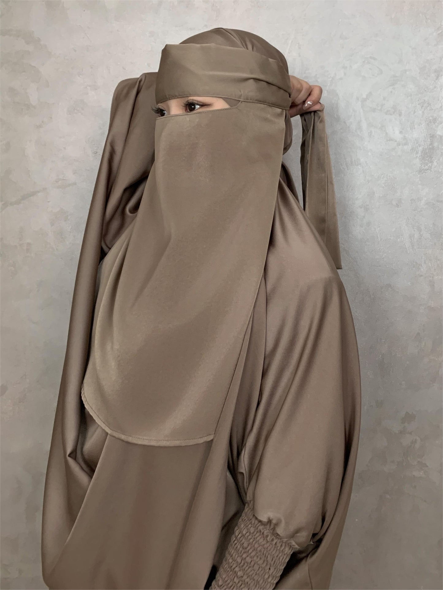 [Satin Modesty Dress] Free Size Satin One Piece Modesty Abaya Burkha - Jilbab Niqab Attached