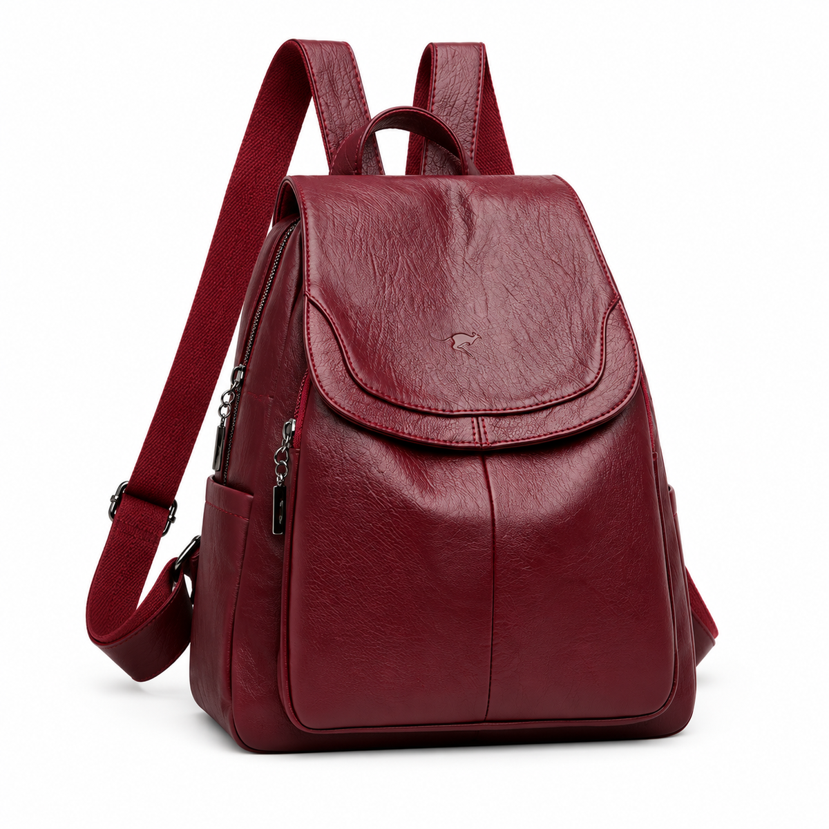 Burgundy Textured Flap Backpack With Pockets