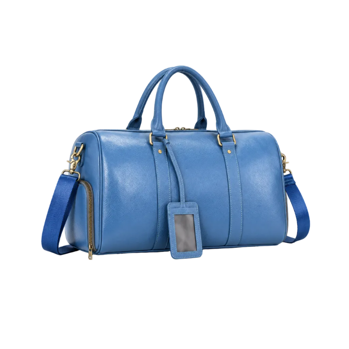 Blue Leather Duffel Bag With Strap