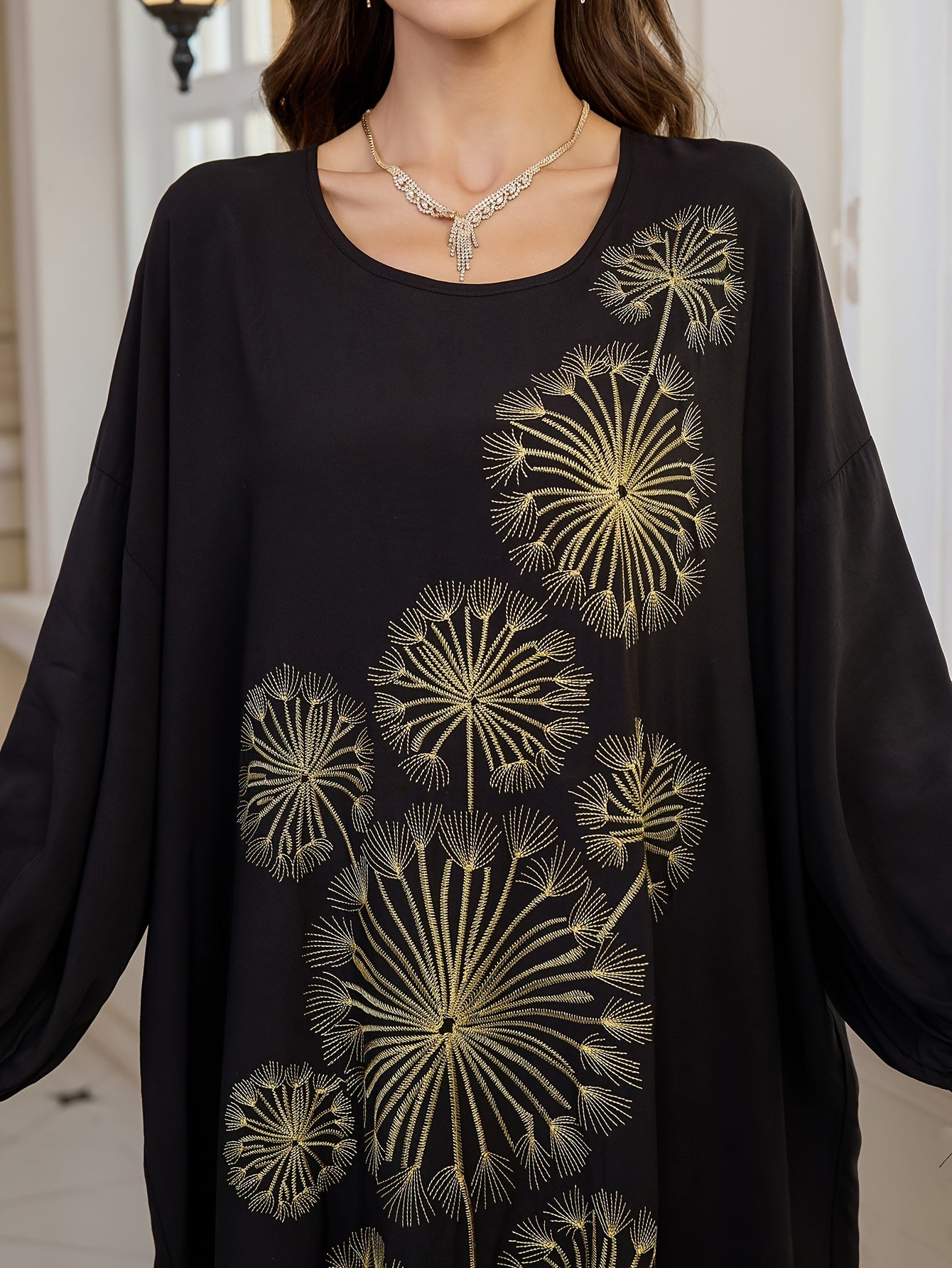 Plus Size, Women's Elegant Dandelion Embroidered Beach Cover-Up Robe Dress - Long Sleeve Loose Fit, Plus Size Black with Golden Floral Print, Lantern Sleeves & Long Length for Vacation, Poolside, Casual Outings, Beach Dress