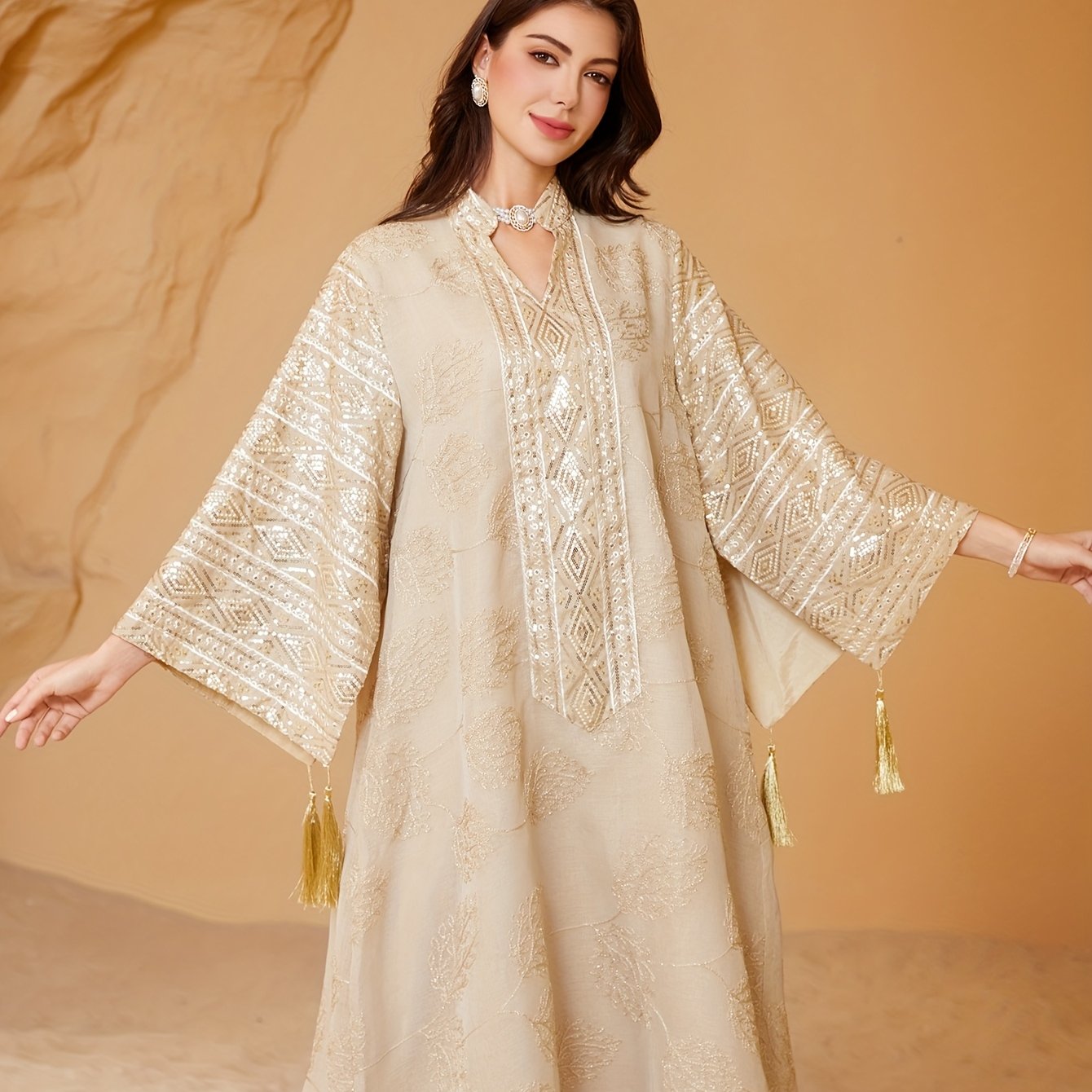 Oriental Middle Eastern Muslim Eid New Style Dress Women's Abaya V-Neck Regular Fashion Slit Sleeve Mesh Embroidery Beaded Craft Evening Gown Jalabiya Turkish Evening Wear Abaya
