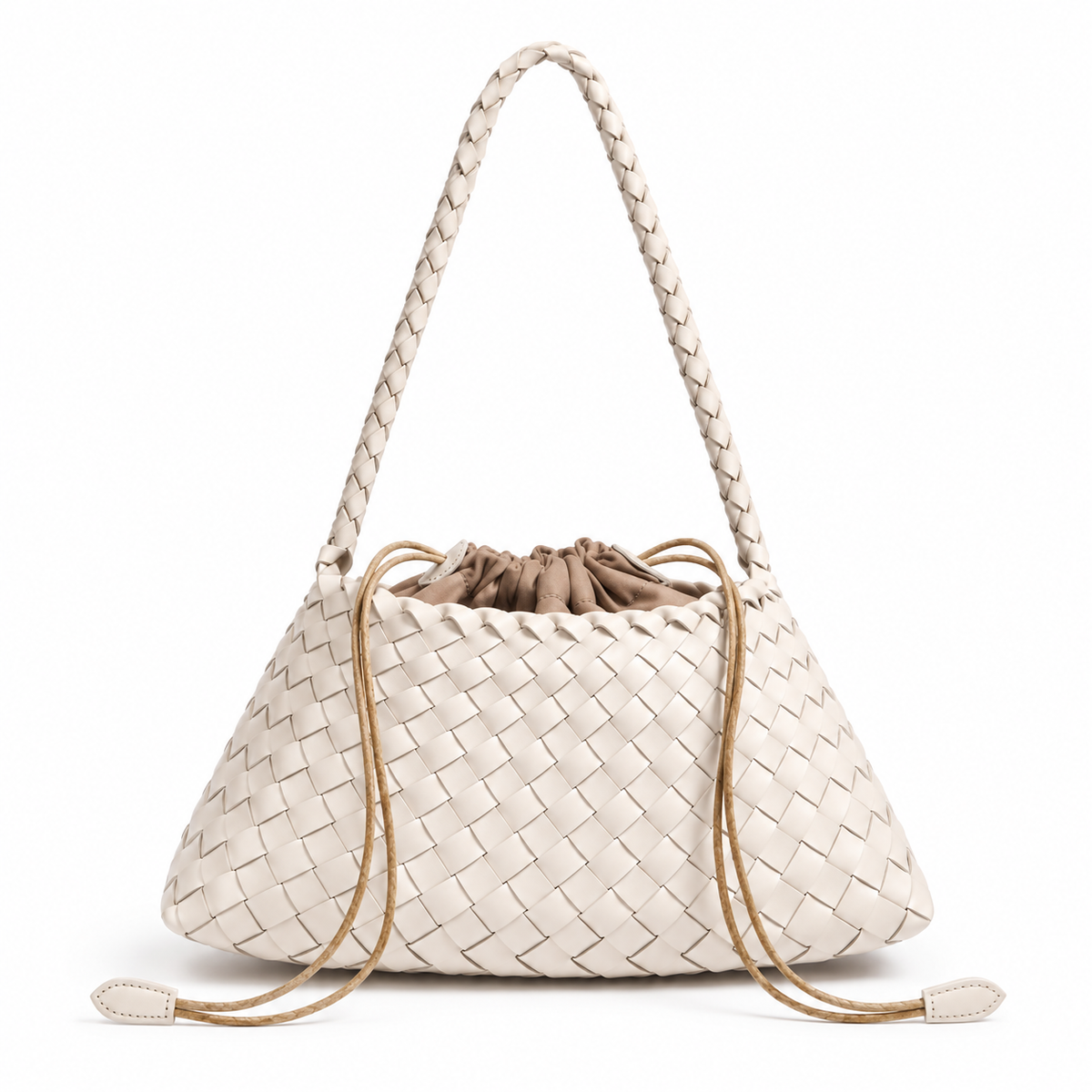 Ivory Woven Shoulder Bag With Drawstring