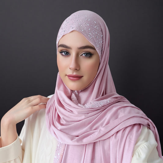 Elegant Black Stretch Bamboo Jersey Hijab Scarf Shawl for Women | Elastic Soft Large Headscarf with Sparkling Rhinestone Trim, Hand Washable Muslim Woven Head Cover & Hair Accessory, Modest Fashion