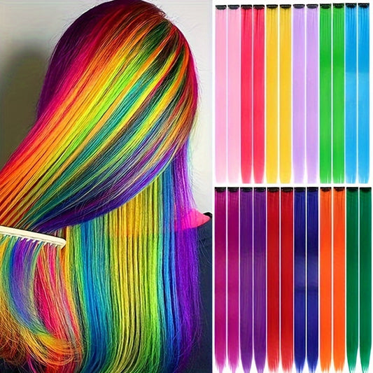 [Mixed Color Hair Extensions] 24pcs Mixed Color Clip-In Hair Extensions Set | 55.88cm Straight Synthetic Hairpieces for Women, High Temperature Fiber, Fashionable for Parties, Halloween & Cosplay