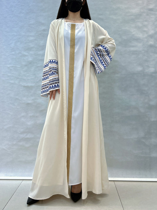 Elegant Women's Geometric Pattern Kaftan Dress - Polyester, Machine Washable, Non-Sheer Summer Abaya with Open Face Design