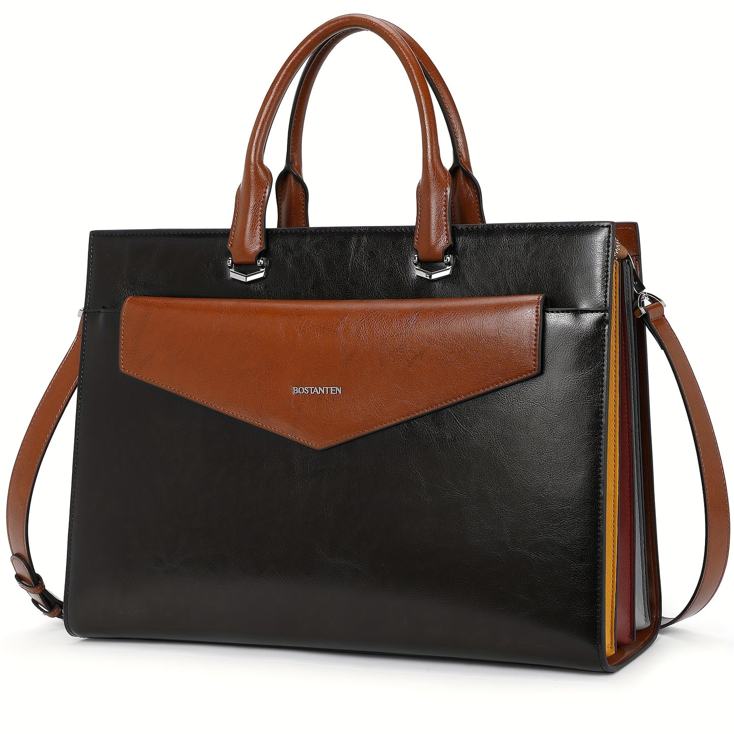 Women's Professional Leather Briefcase Tote Bag for 15.6 Inch Laptop - Work Handbag with Adjustable Shoulder Strap, Button Closure & Contrast Stitching
