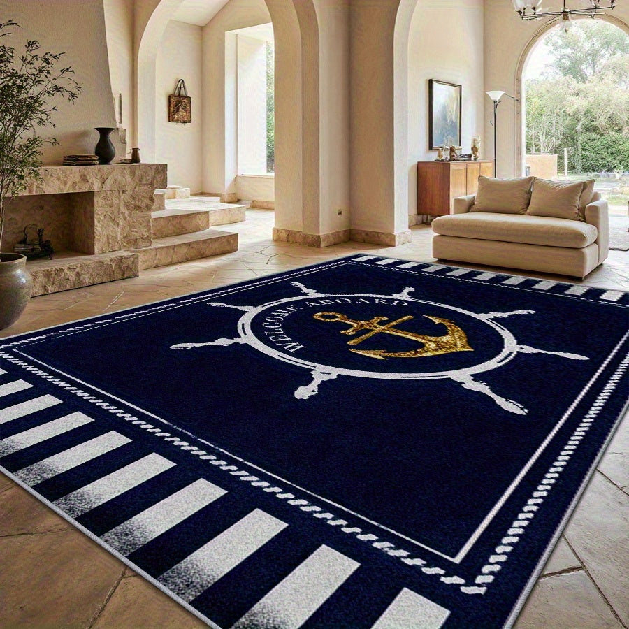 Floor Mat, Machine Washable Nautical Style Fade-Resistant Soft Dark Blue with Golden Anchor Pattern, Suitable for Living Room Bedroom Office Home Decoration, Large Size.Inch Thanksgiving Gift Autumn