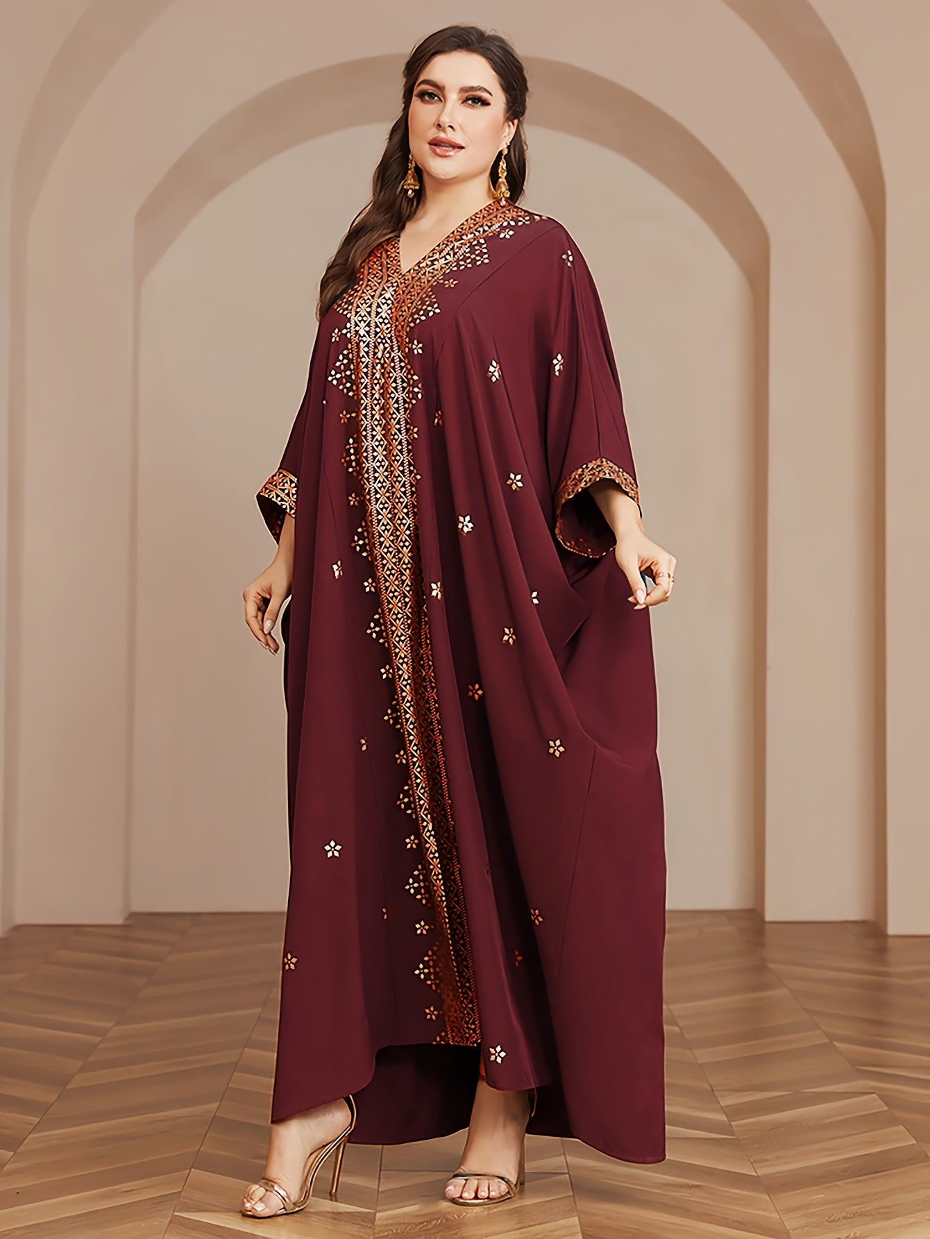 Polyester Long Kaftan | V-Neck Tribal Pattern Woven Non-Stretch, Middle East Golden Tassel, Batwing Sleeve Abaya, Plus Size, All Season
