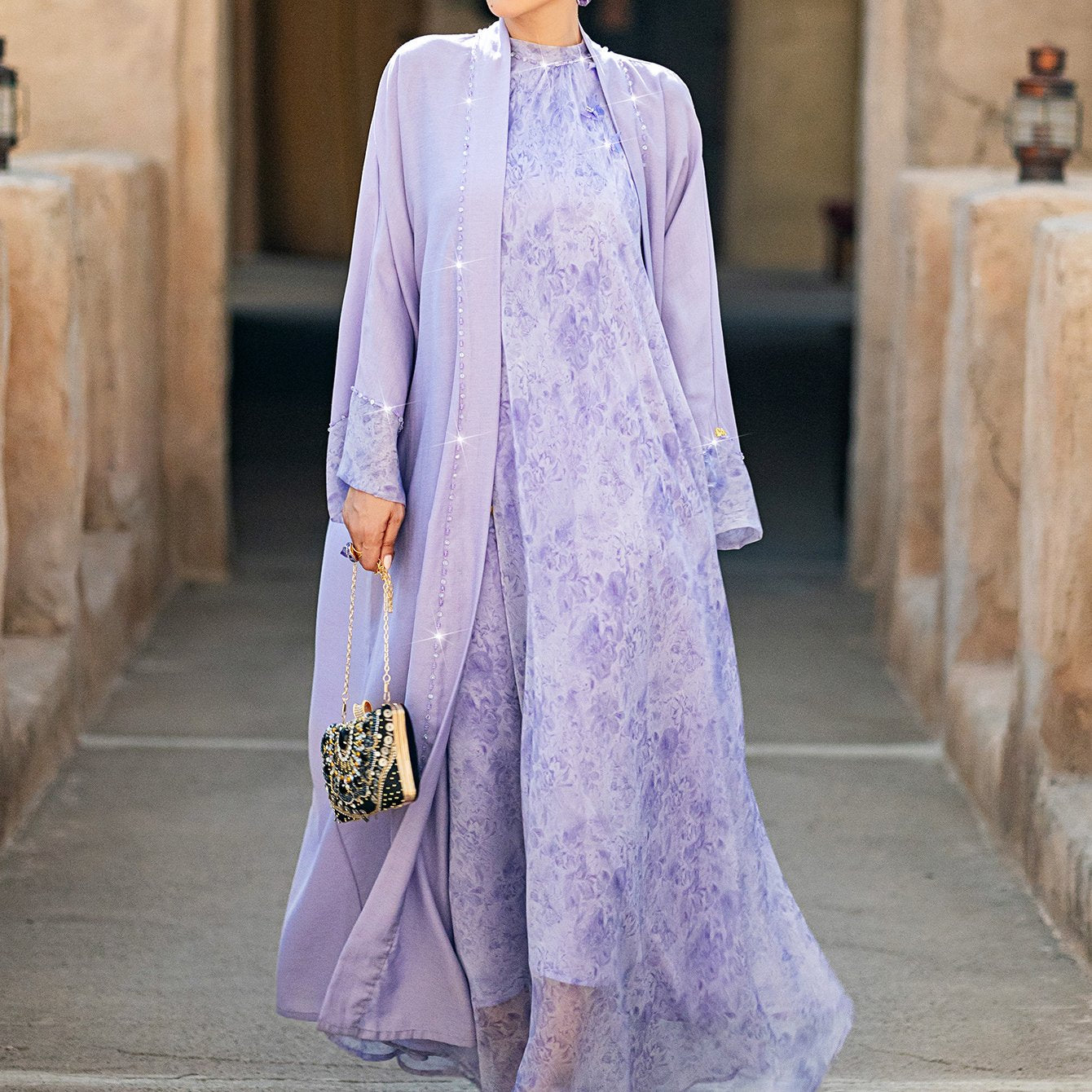 1pc Outerwear, Modern Lavender Abaya with Sparkling Rhinestone Embellishments – Lightweight and Elegant Design (Inner Wear Not Included)