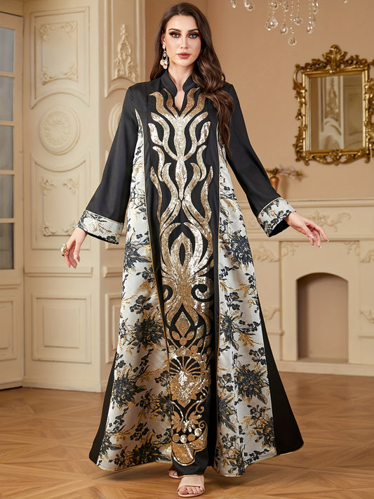 Polyester Long Sleeve A-Line Modern Abaya, Color Block Pattern, Contrast Sequin Design, Non-Stretch Fabric, Woven, 130g/m², with Asymmetrical Hem, for Muslim Women