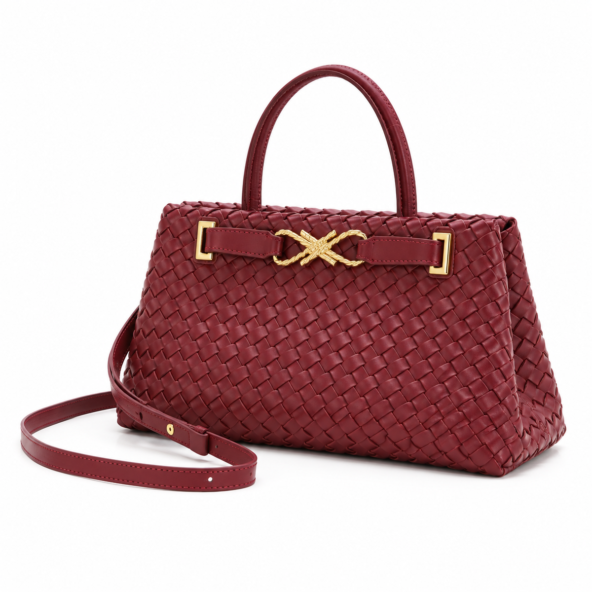 Elegant Burgundy Woven Top Handle Handbag