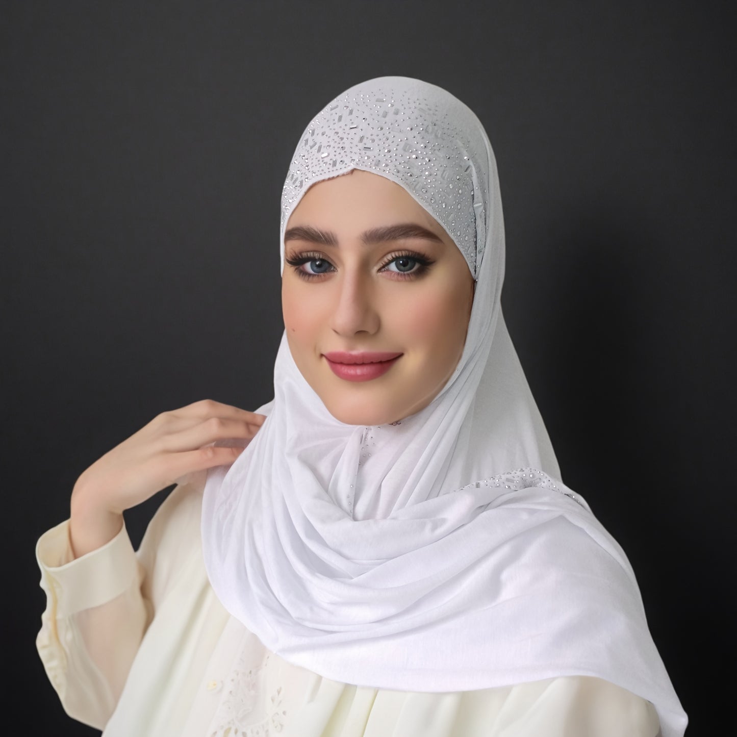 Elegant Black Stretch Bamboo Jersey Hijab Scarf Shawl for Women | Elastic Soft Large Headscarf with Sparkling Rhinestone Trim, Hand Washable Muslim Woven Head Cover & Hair Accessory, Modest Fashion