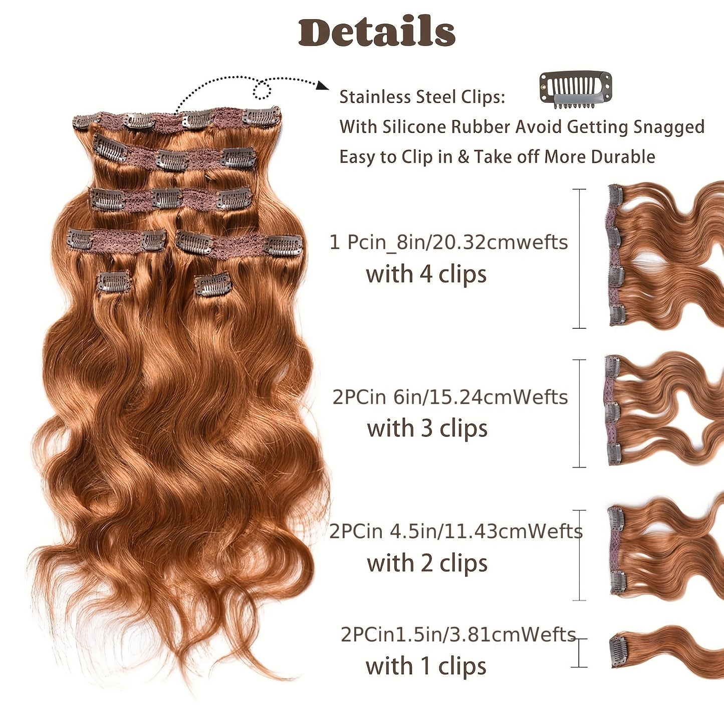 Meiverah Body Wave Clip-In Human Hair Extensions in Copper Red Shade, Made from Virgin Hair with Double Weft