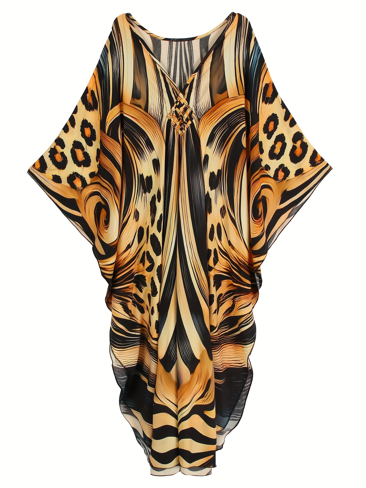 EDOLYNSA Women's Deep V-Neck Leopard Print Turkish Kaftan Dress - Long Sleeve Batwing Beach Cover-Up with Chest Ruching, Loose Fit Maxi for Resort Wear, Poolside & Casual Outings, Beach Dress, Summer Vacation Outfit, Batwing