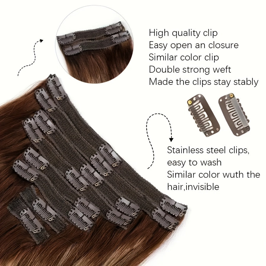8pcs Brazilian 100% Human Hair Hair Extensions with 18 Clips In - #4/27 Highlight Straight Hair Suitable for Women, Highlights, Volume & Length, 4/27 Color Match for Afro Hair