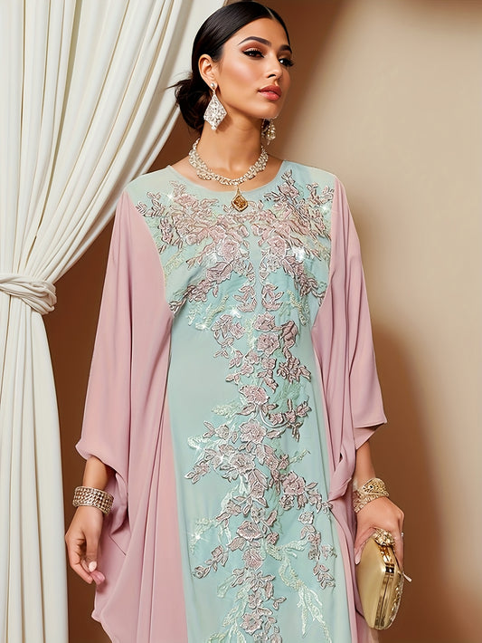 1pc Elegant Embroidered Kaftan Abaya for Women - Polyester Batwing Cape with Contrast Sequin Details, Solid Color, Woven, All-Season Traditional Middle Eastern Robe