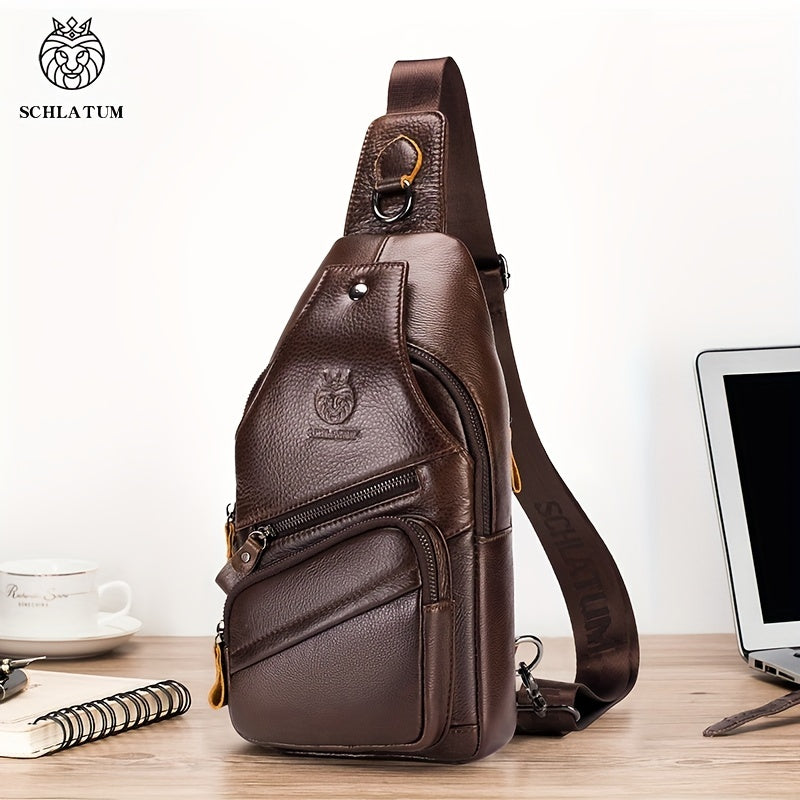 Men's Top Layer Cowhide Sling Bag, Genuine Leather Crossbody Bag, Retro Fashion Commuter Bag Multi-functional Travel Slant Shoulder Bag