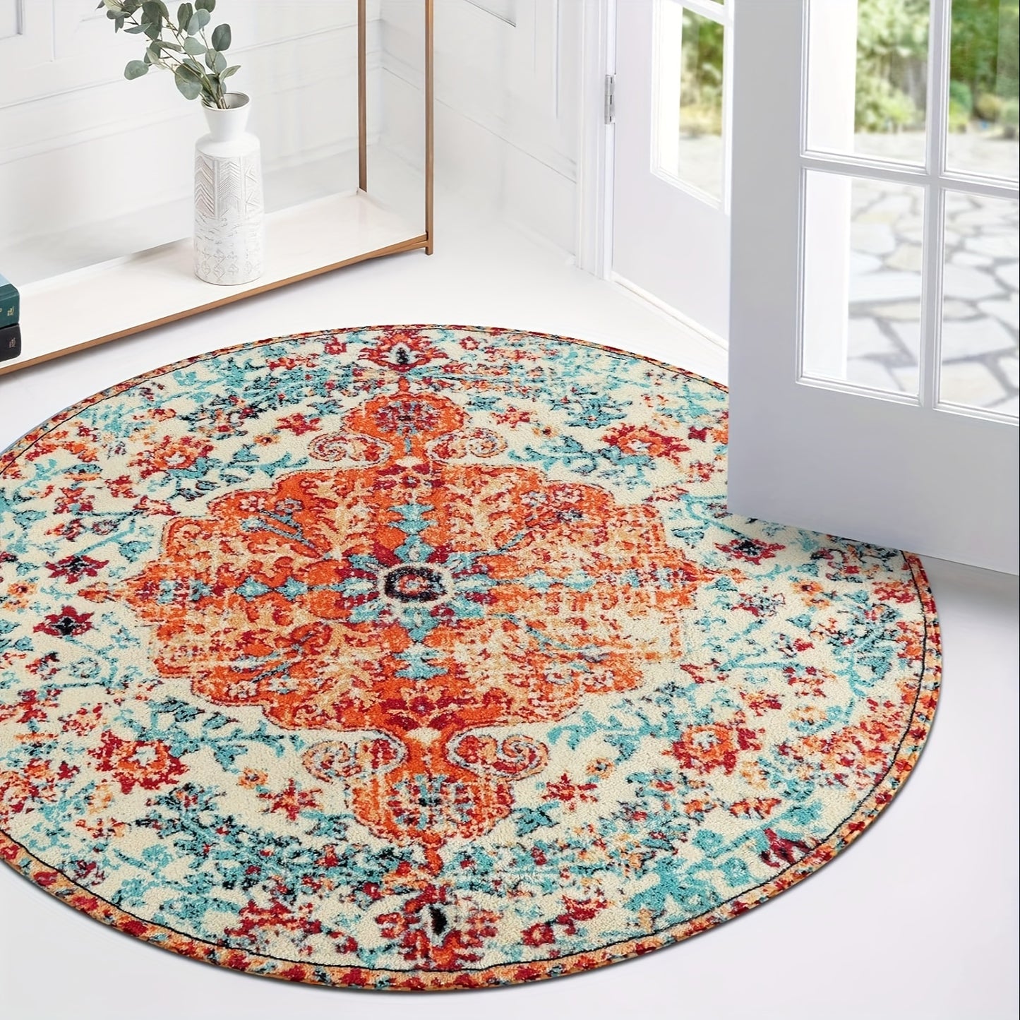 Bohemian Floral Medallion Area Rug - Oriental Distressed Bedroom Carpet Country Vintage Faux Wool Indoor Throw Mat Non-Slip Washable Low-Pile Carpet For Bathroom Living Kitchen Laundry Room