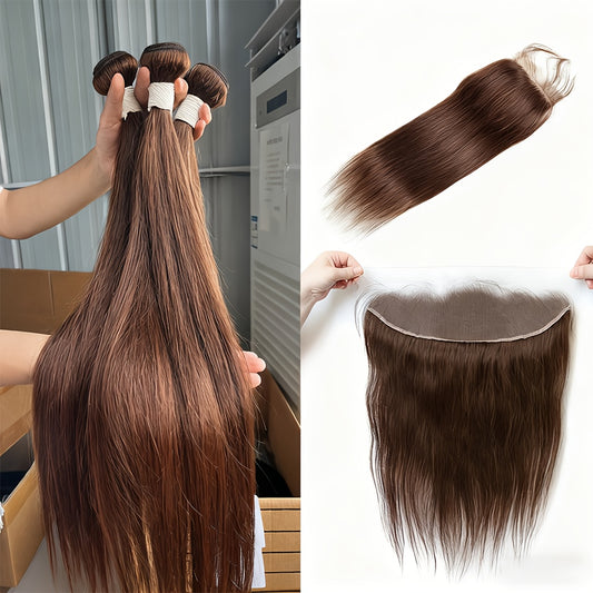 3 Bundles Straight Wave Virgin Human Hair Weave Extensions With 4x4 Lace Closure, 13×4 Lace Frontal, 100% Unprocessed Brazilian Hair, Dark Auburn Color, Soft & Tangle-Free, Versatile Hair Styling | Contemporary Style