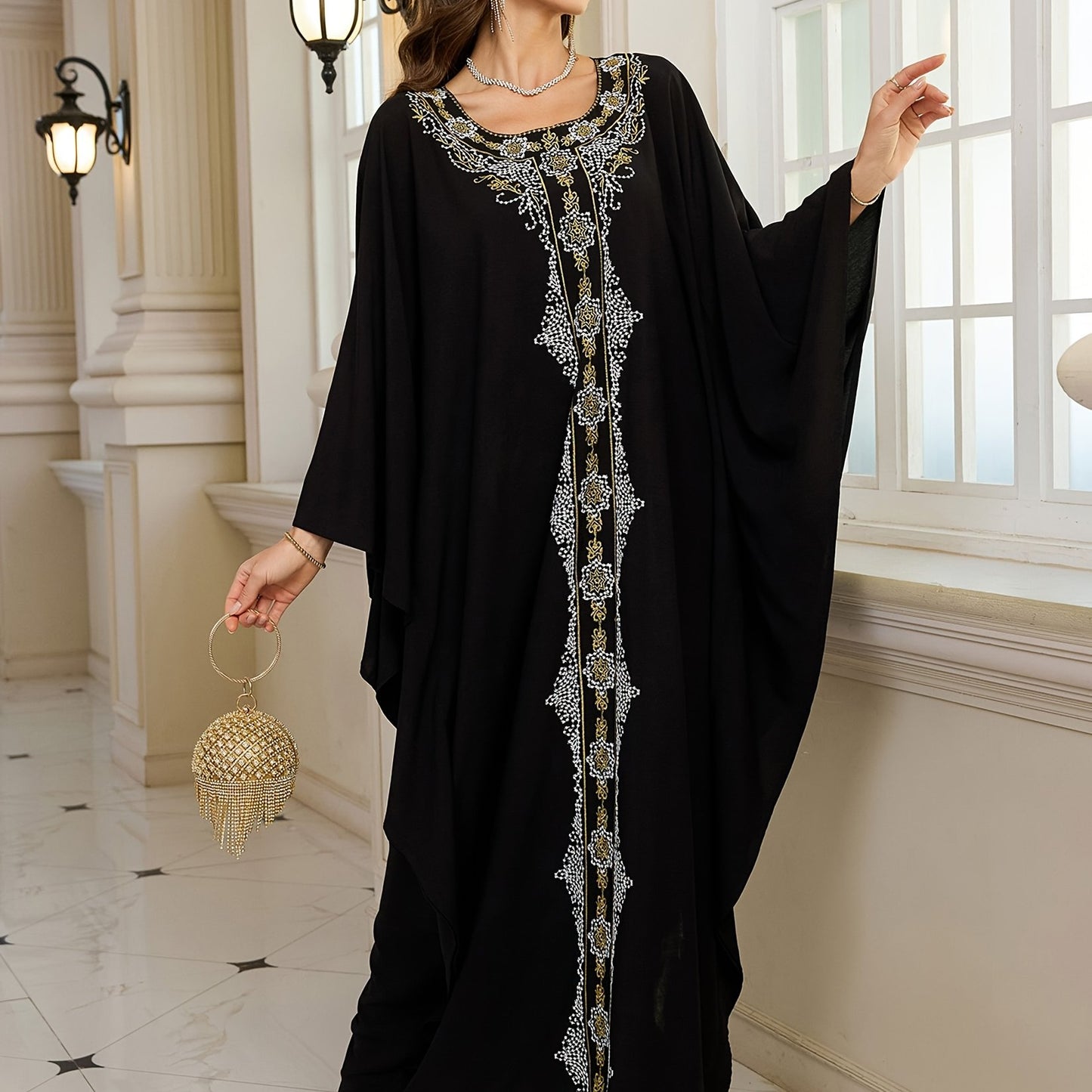 Plus Size Elegant Long Sleeve Batwing Kaftan, Viscose Non-Stretch Fabric, Tribal Embroidery, Loose Fit, with Woven Traditional Middle Eastern Abaya Robe for Festive Occasions