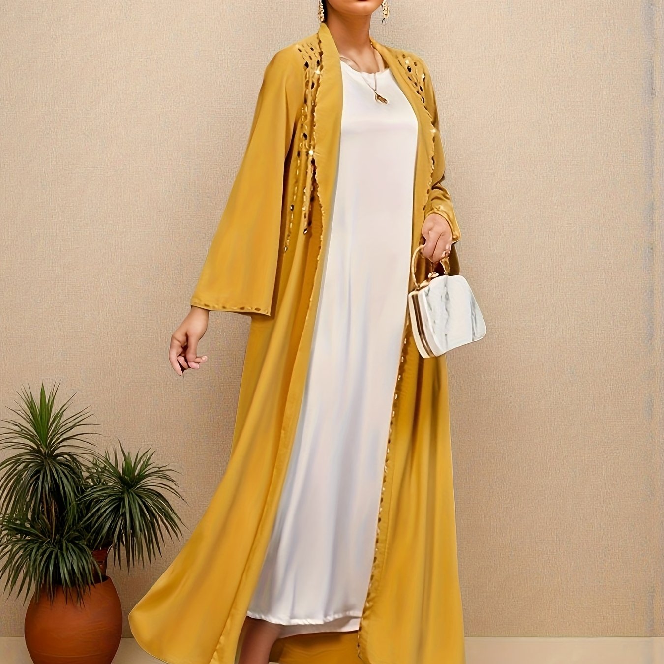 Women's Middle Eastern Abaya - Elegant Long Robe with Long Sleeves, Open Front Mustard-Yellow Islamic Dress for Wedding, Formal Events - Non-See-Through Formal Attire