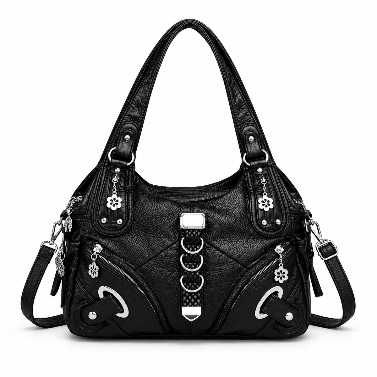Black Crossbody Bag With Silver Accents