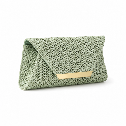 Sage Green Woven Envelope Clutch Bag
