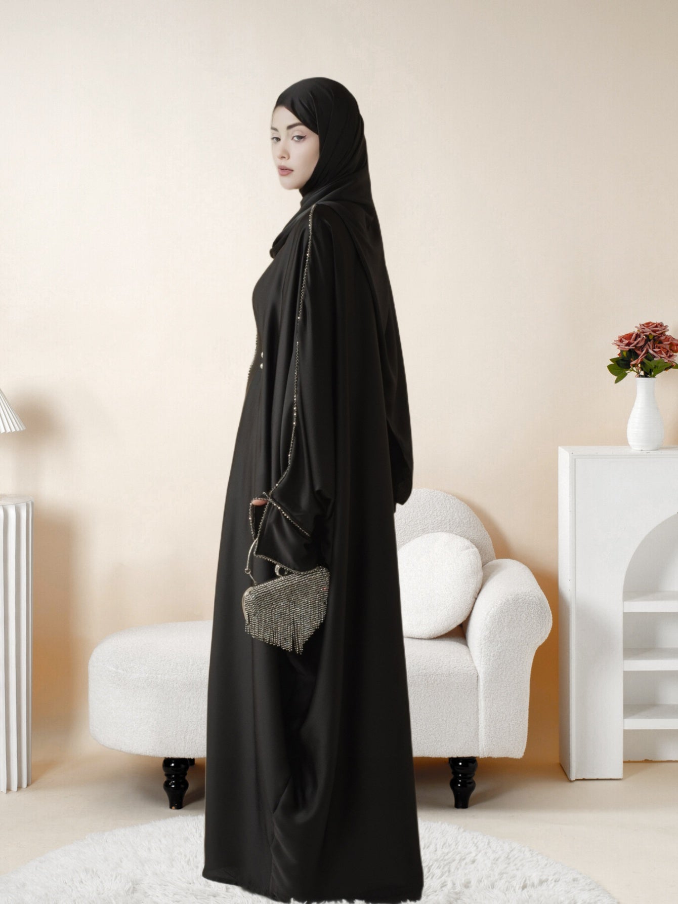 Batwing Emirati Abaya with Matching Hijab | Batwing Sleeve Abaya – Elegant Middle Eastern Arab, Islamic Style Shawl Robe Dress for Women, Long Skirt, Ramadan Prayer Outfit