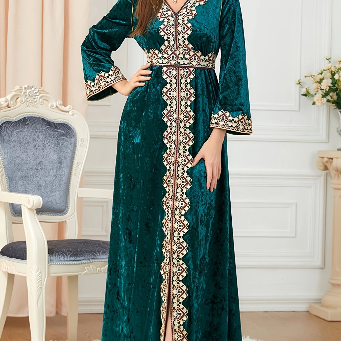 Women's Muslim Velvet Embroidered Abaya with Long Sleeves, V-Neck Moroccan Party Kaftan, Turkish Arabic Maxi Dress.