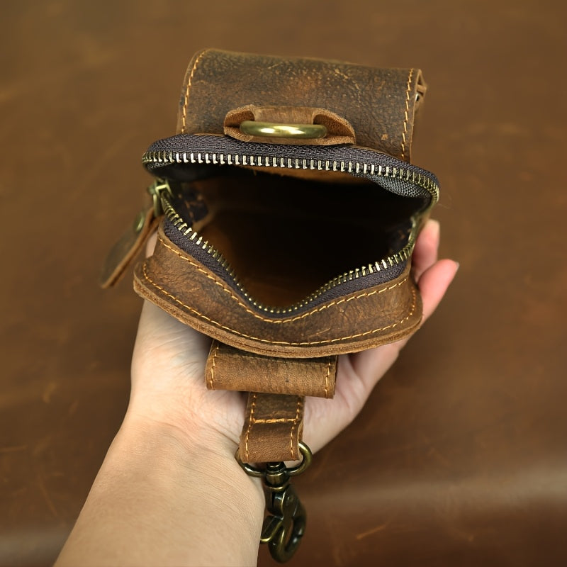 Men's Vintage Crazy Horse Top-Grain Vintage Leather Waist Bag, Casual Style, Multi-Functional Fanny Pack for Daily Commute, No Print, Durable Belt Hanging Pouch for Mobile Phone