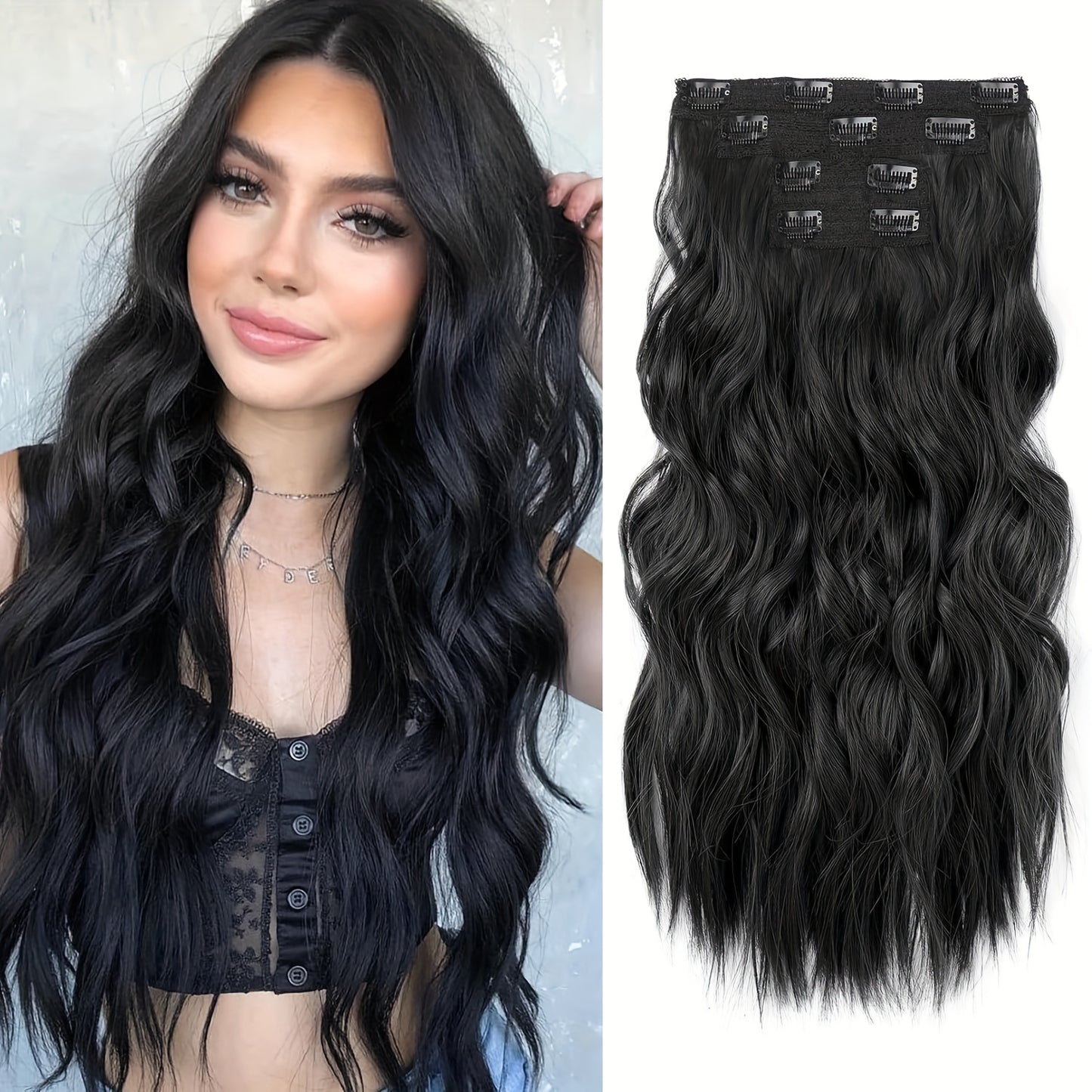 4pcs Clip In Hair Extensions, Long Wavy Synthetic Hair Extension Clip In, 20 Inches Synthetic Soft And Natural Thick Hair Pieces