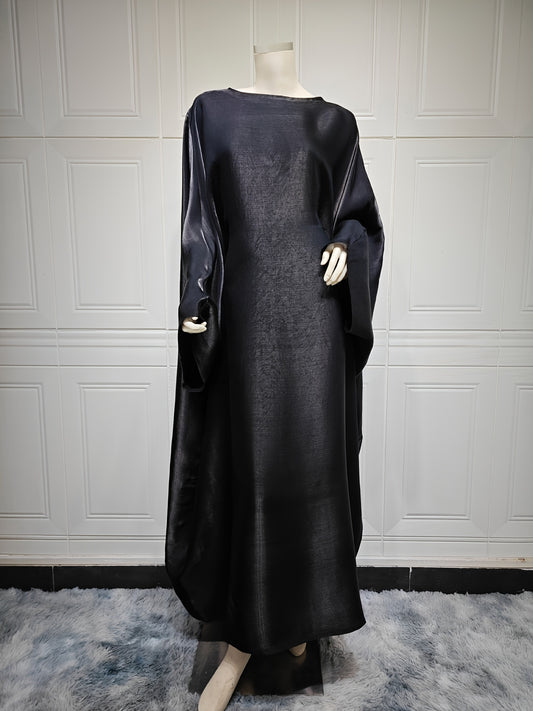 Women's Modest Arabic Abaya Robe Dress - Long Sleeve Asymmetrical Hem Shiny Fabric Cover-Up, Machine Washable All-Season Versatile for Parties Daily Outings, Solid Color Traditional Attire