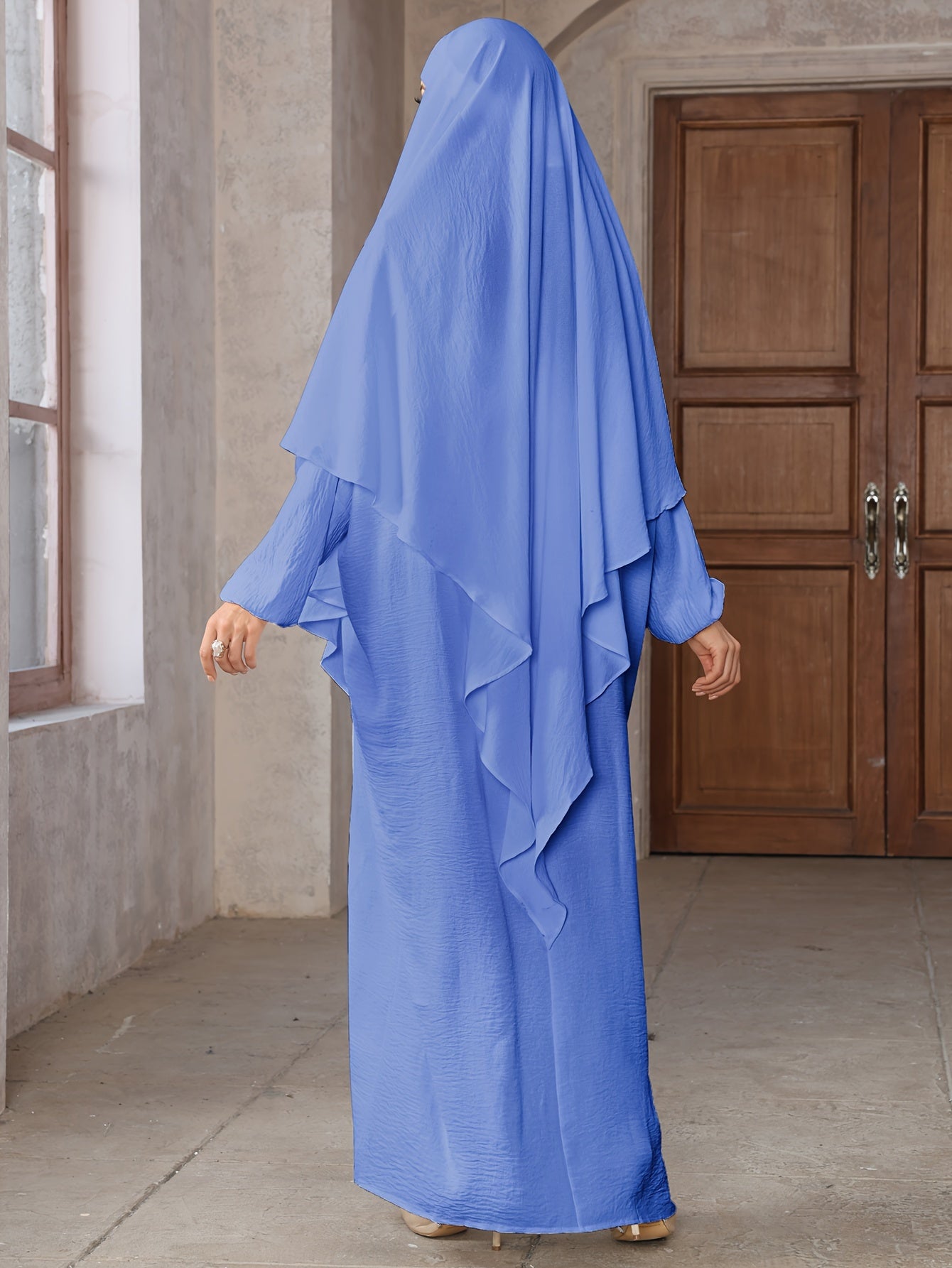 Plus Size Simple Solid Maxi Jibab Abaya, Modest Long Sleeve Dress With Hijab, Women's Plus Size Clothing, Two-piece set