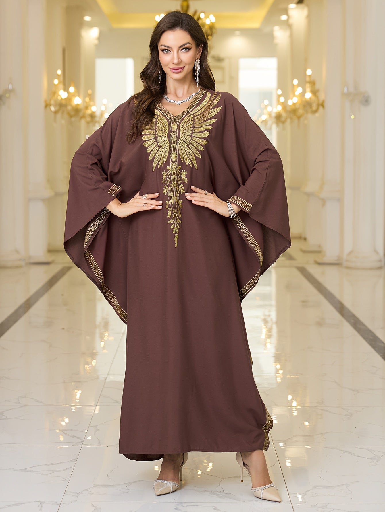 Women's Plus-Size Maxi Dress - Elegant Brown & Golden robe-like gown with Long Batwing Abaya Sleeves, Non-See-Through Formal/Beach/Evening Dress for Women