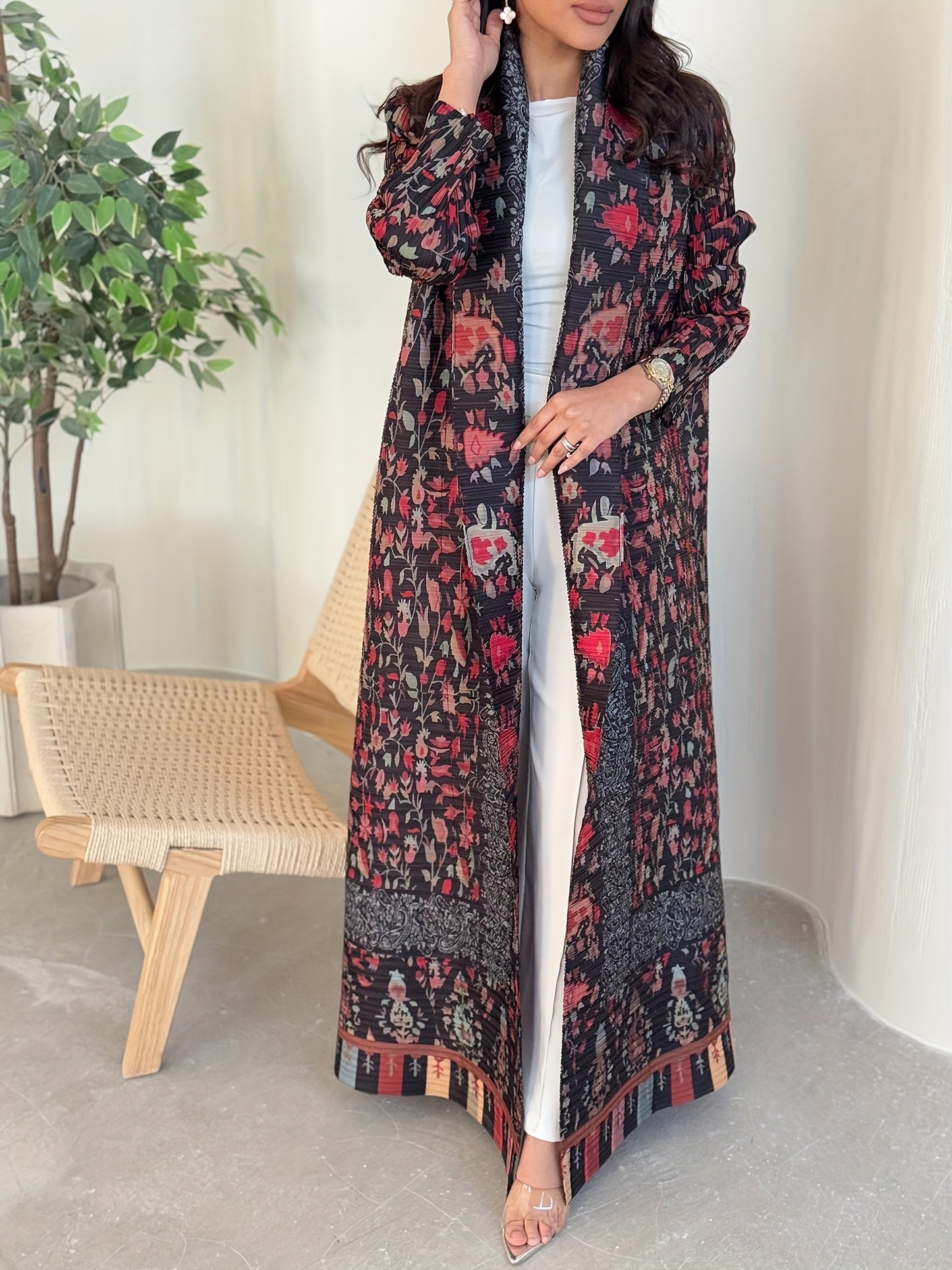 2025 Ramadan New Printed Abaya Long Robe for Women, Featuring Three-Dimensional Pleats, Long Sleeves, And a Minimalist Design. Recommended by Middle Eastern Bloggers for Vacation