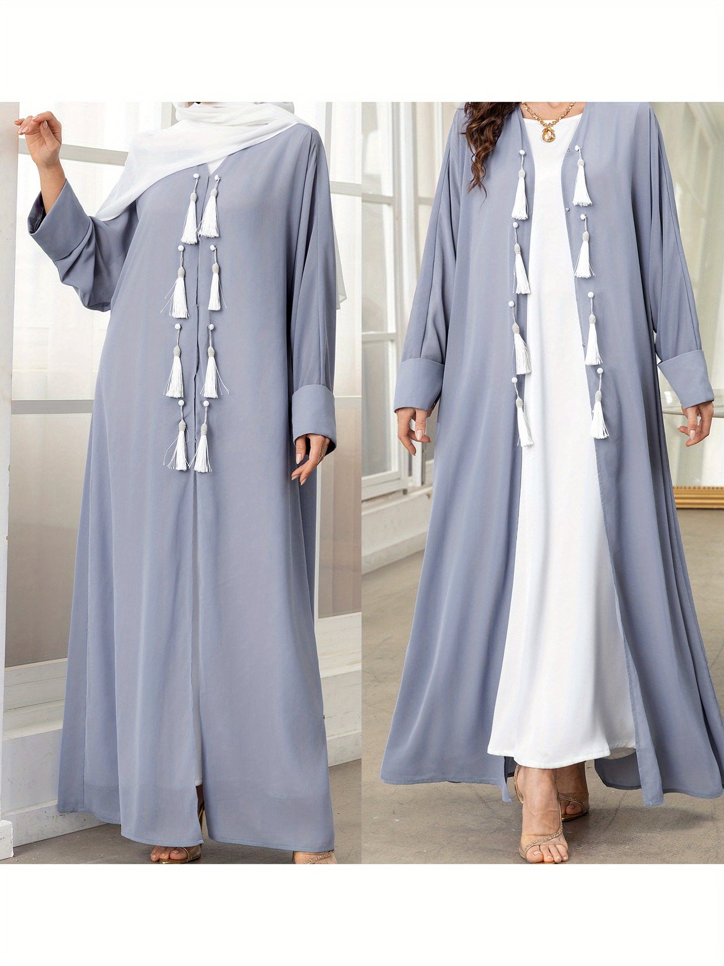Elegant Gray Long Sleeve Tassel Cardigan - Loose Fit Caftan Gown for All Seasons